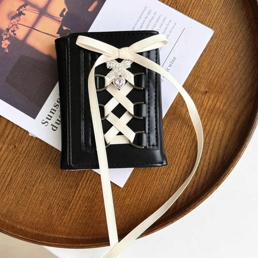 

Sweet Ballet Style Ribbon Wallet Tri-fold Black Short Coin Purse Multi-slots PU Card Holder