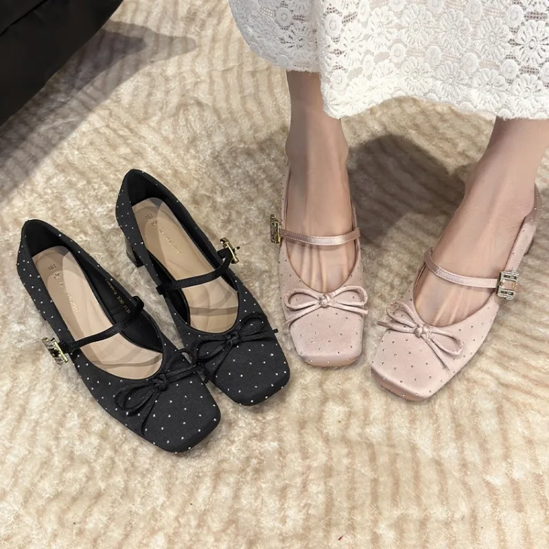 Elegant Women Shoes High Quality Rhinestone Square Toe High Heels Mary Jane Shoes for Women Designer Shoes Black Bow Casual Shoe