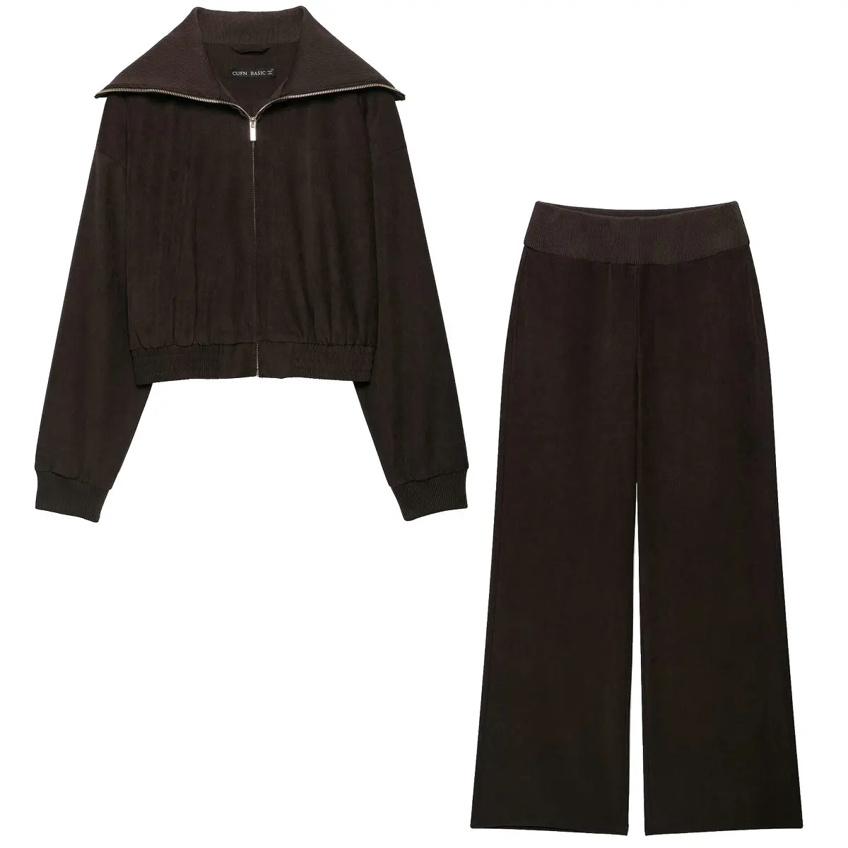 2026 Autumn Women's Vintage Zipper Sport Short Cropped Jacket Coats Lady Street Wide Leg Pants Trousers 2 Pcs Sets Outfit Suits