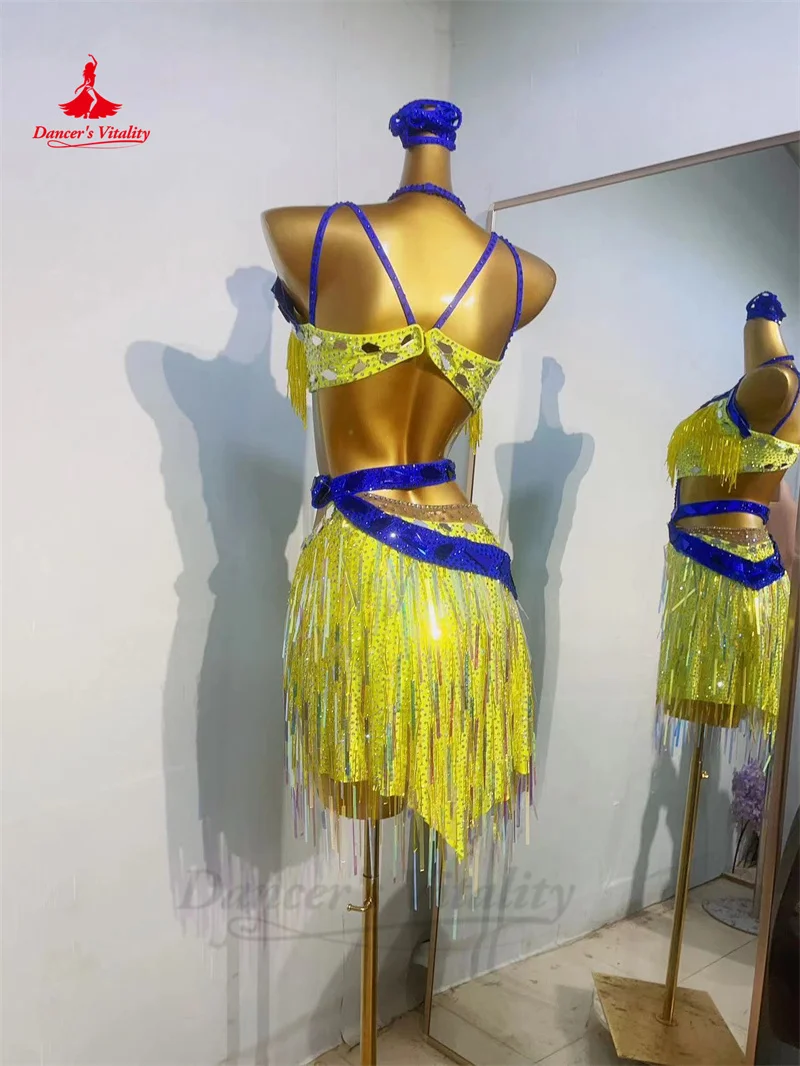 Latin Dance Fringe Dress for Women Custom AB Stones Sequins Rumba Chacha Tango Performance Profession Skirt Latin Tassel Dresses