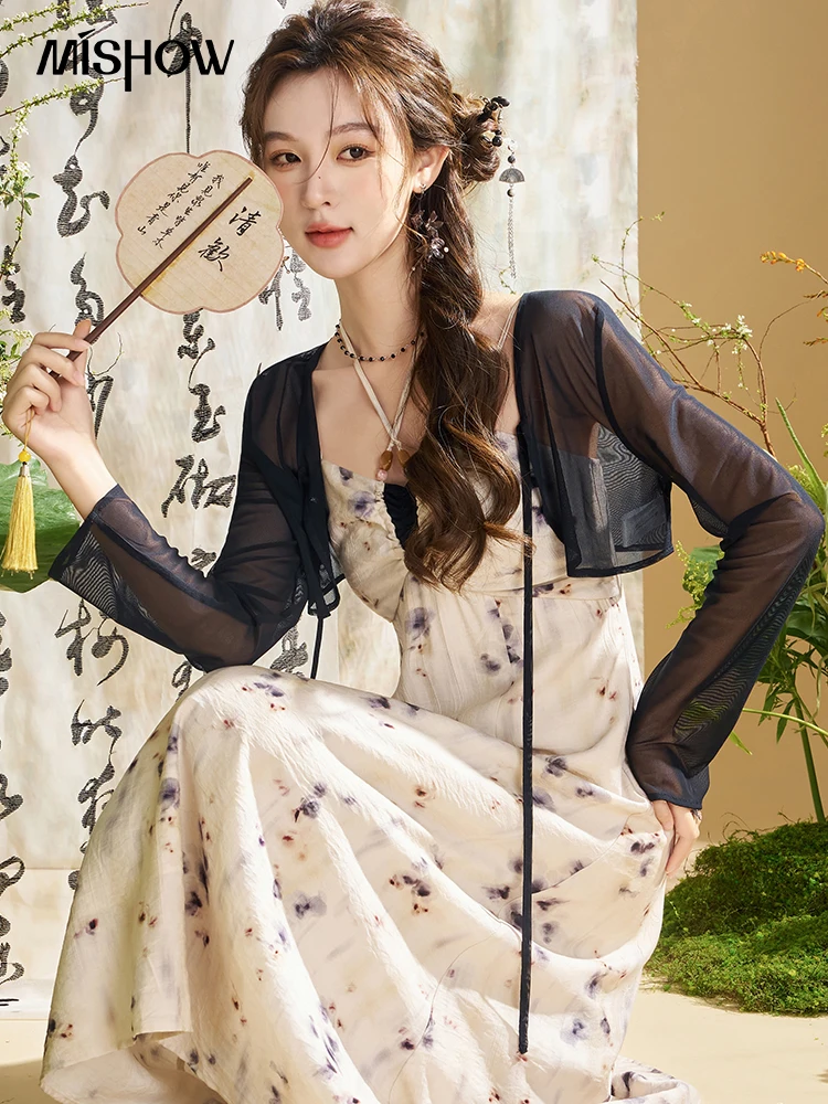 MISHOW Chinese Style Dress Cardigan Separately Outfit 2024 Spring Cropped Mesh Jackets Elegant Printed Slip Dresses MXD13L1642