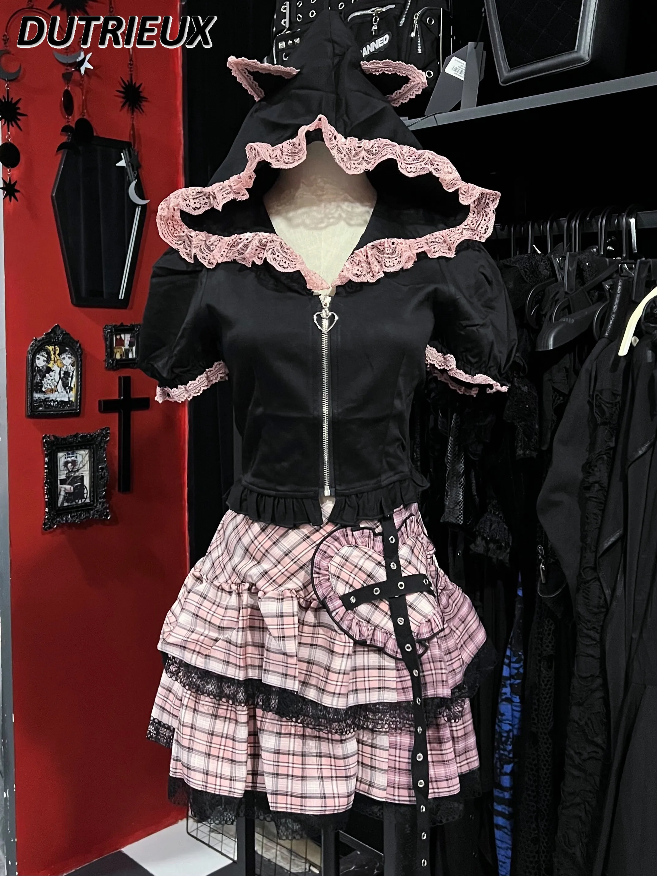 Japanese Style Mine Black Pink Plaid Summer High Waist Mini Skirt Sweet Cute Girl Lace Trim Short Stitching A-line Skirts