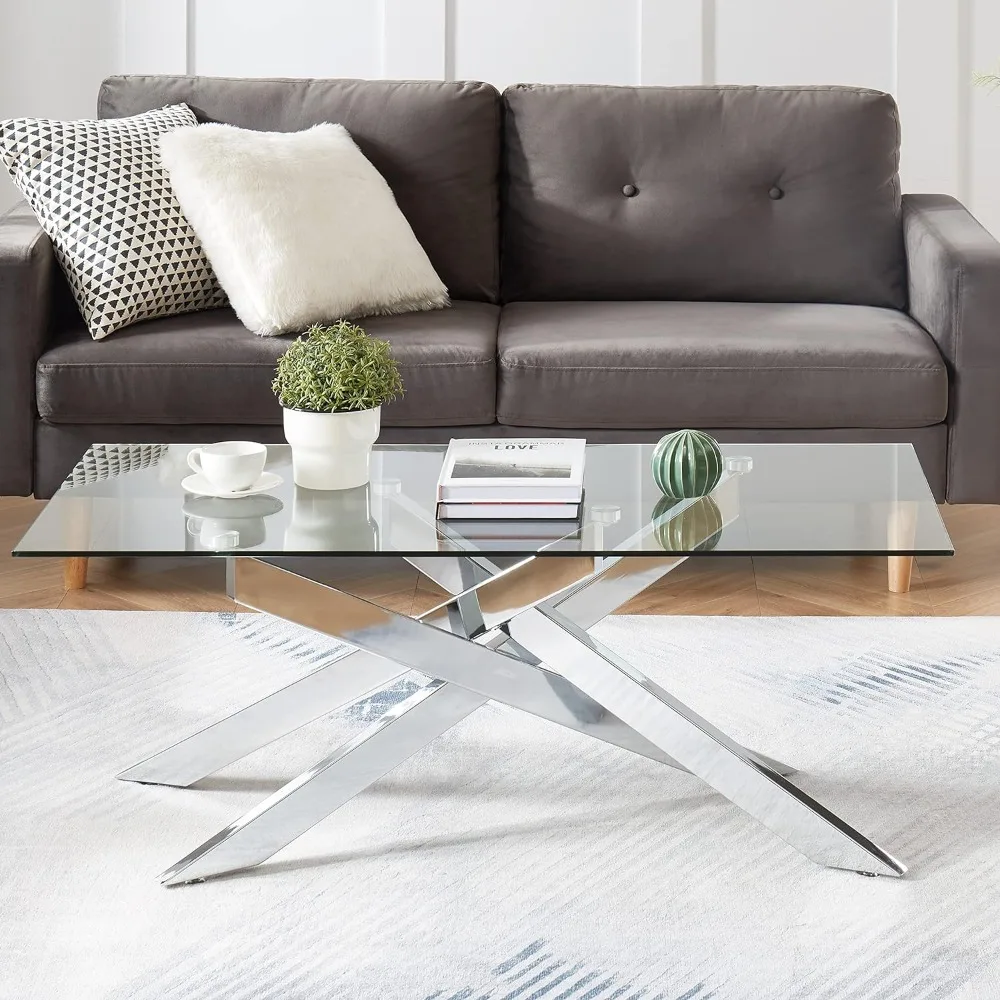 Rectangle Modern Coffee Table, Tempered Glass Top and Metal Tubular Leg, 47.3”Lx23.6”Wx18.1”H