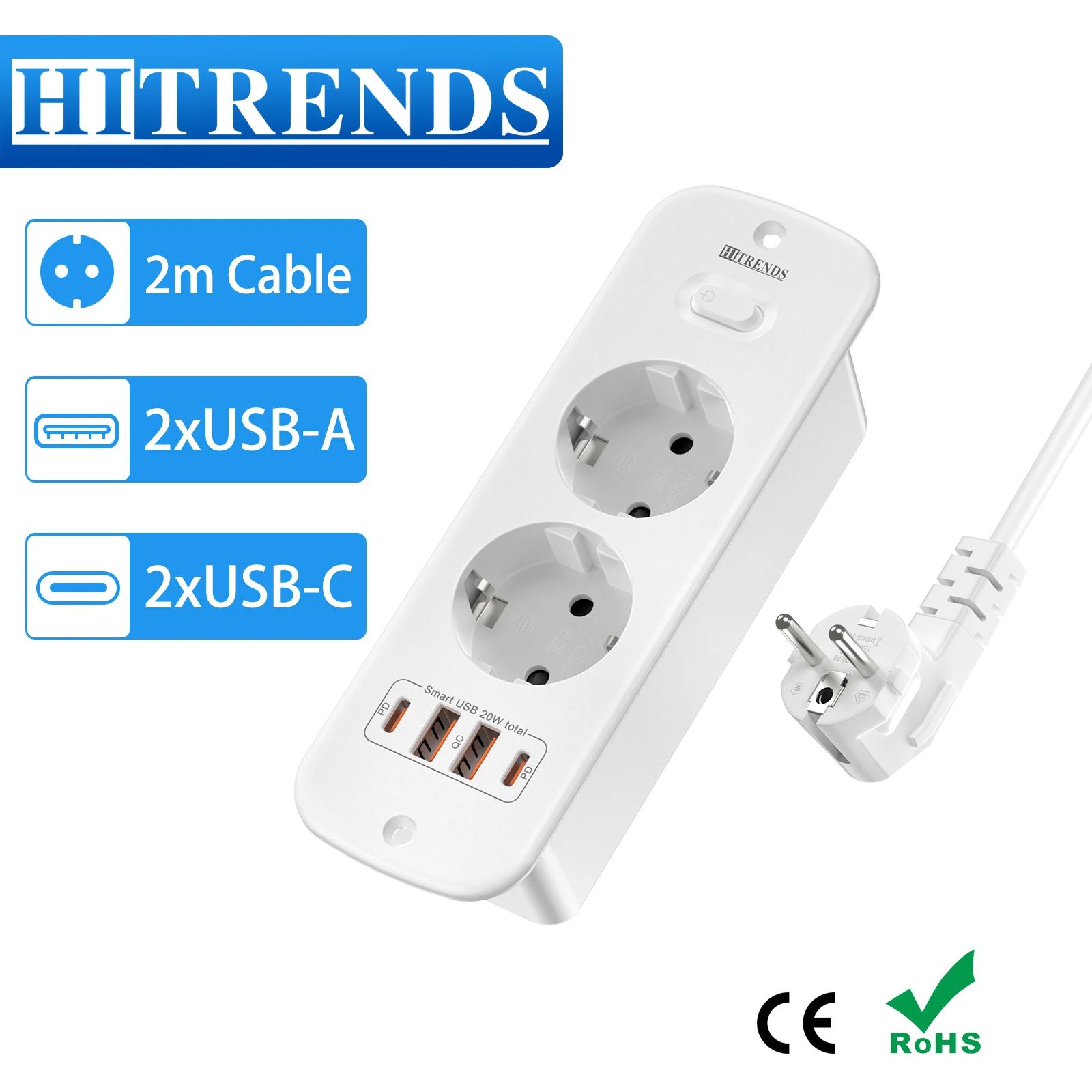 EU Plug Power Strip Built-in Socket with 2 USB 2 Type C Fast charge, Table Top Recessed Socket 2m Cable 2AC Outlet for Furniture