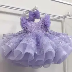 Lavender Feather Flower Girl Dresses for Wedding Party Beading Kids Birthday Dresses Girls Pageant Gowns for Photoshoot