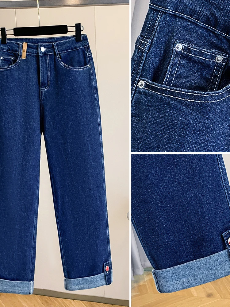 High Waist Slim Fit Straight Leg Jeans Elastic Cuffed High Elasticity Autumn Collection plus Size Simple Style Ladies Jeans