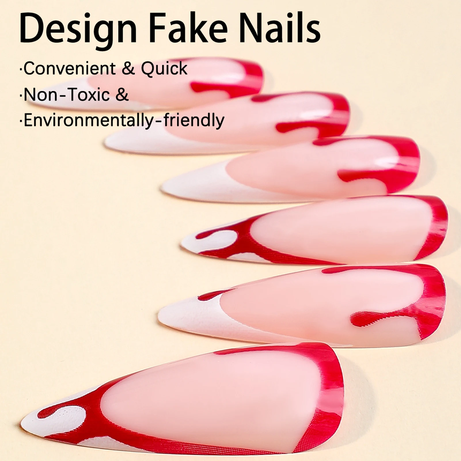 Pink with White Edge Blood Decor False Manicure Easy to Apply Simple to Peel off Nails for Daily and Parties Wearing