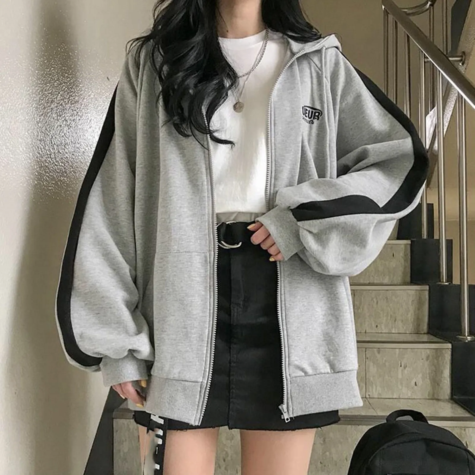 

Fashion Women Grey Cardigan Jacket Spring Autumn Nee Stylish Splicing Hooded Top Streetwear Long Sleeve Blouse Loose Coat