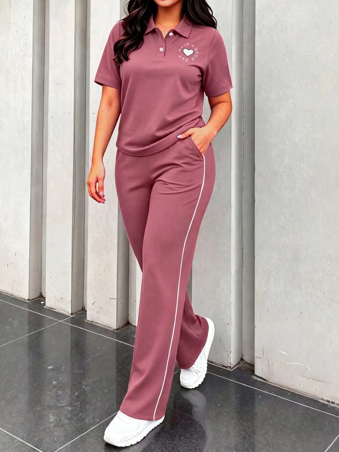 Women's Two-Piece Outfit: Polo Collar Short-Sleeve T-Shirt with Heart Letter Print, High-Waisted Wide-Leg Pants with White Side Stripes, Casual Sports Set, Suitable for Daily Wear, Vacation, Outings, Travel, Airport, Shopping, and Home Wear
