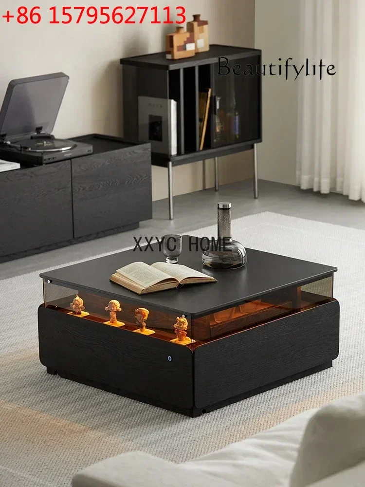 

Квадратный журнальный столик из массива дерева с подсветкой, минималистичный, черный, для гостиной