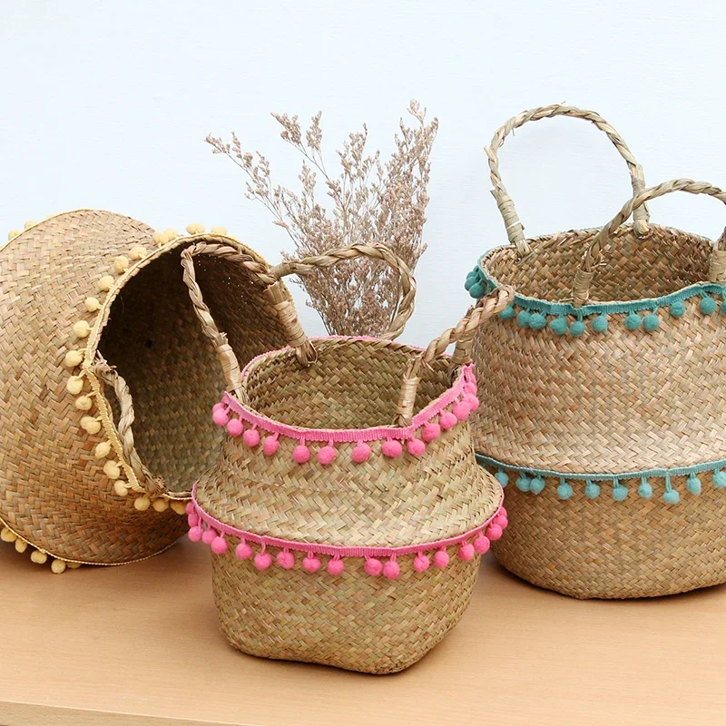 New Home Foldable Natural Seaweed Woven Storage Basket Household Toy Rattan Wicker Storage Basket Decorative Laundry Basket