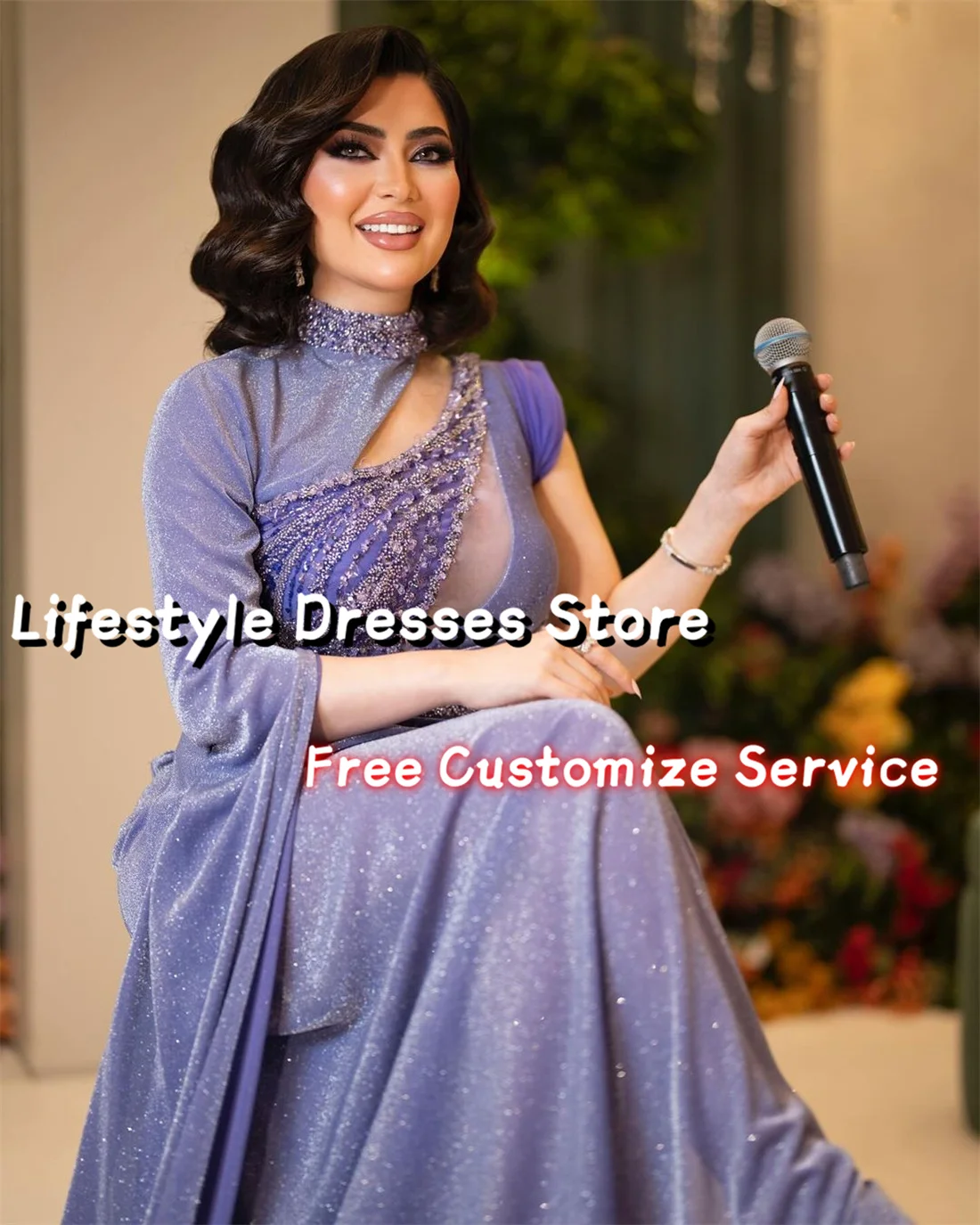 Customized One-shoulder Shiny Purple Prom Dresses Beads Sequins Long Evening Dress Saudi Arabia Party Gown