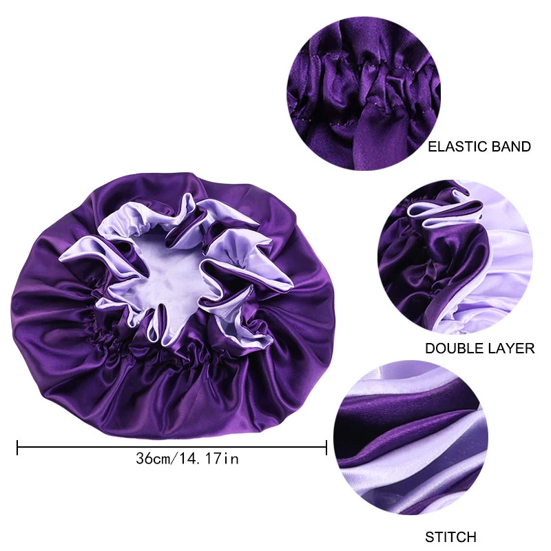 초대형 나무 귀 가장자리 더블 레이어 새틴 라운드 캡, 대형 레이스 수면 캡, 헤어 케어 캡, 미용 머리띠 캡