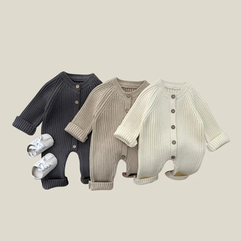 4614 Baby Jumpsuit 2024 Autumn and Winter New Solid Color Baby Boy's Knitting Climbing Clothes