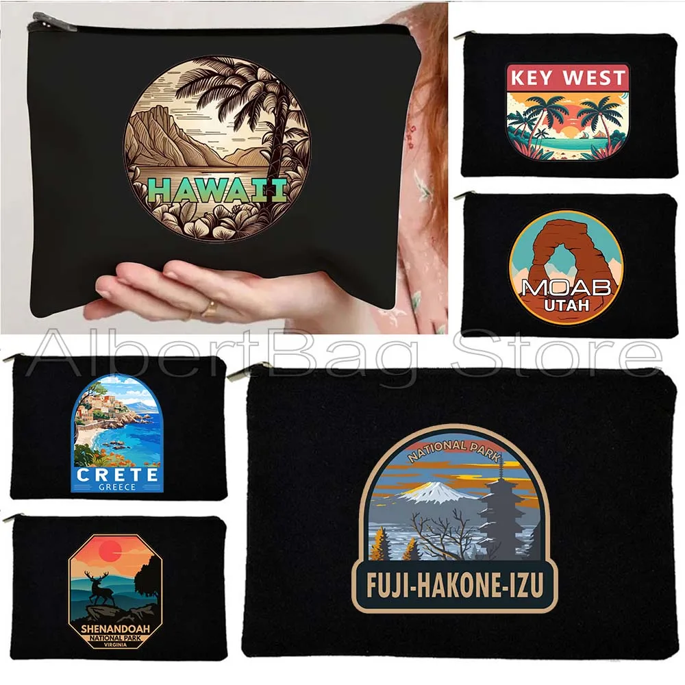 

Crete Greece Fuji Rocky Mountain Zion Pigeon Hawaii Kuwait Jaipur India Moab Utah Key West Cosmetic Makeup Bag Pencil Case Pouch