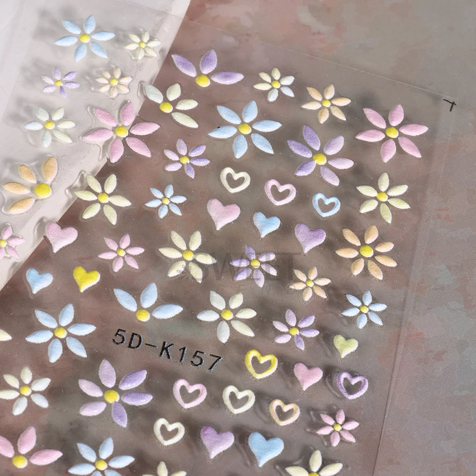 5D Embossed Flower Colorful Nail Stickers Simple DIY Wildflower Sliders Sunflower Daisy Spring Engraved Art Manicure Decals image 6