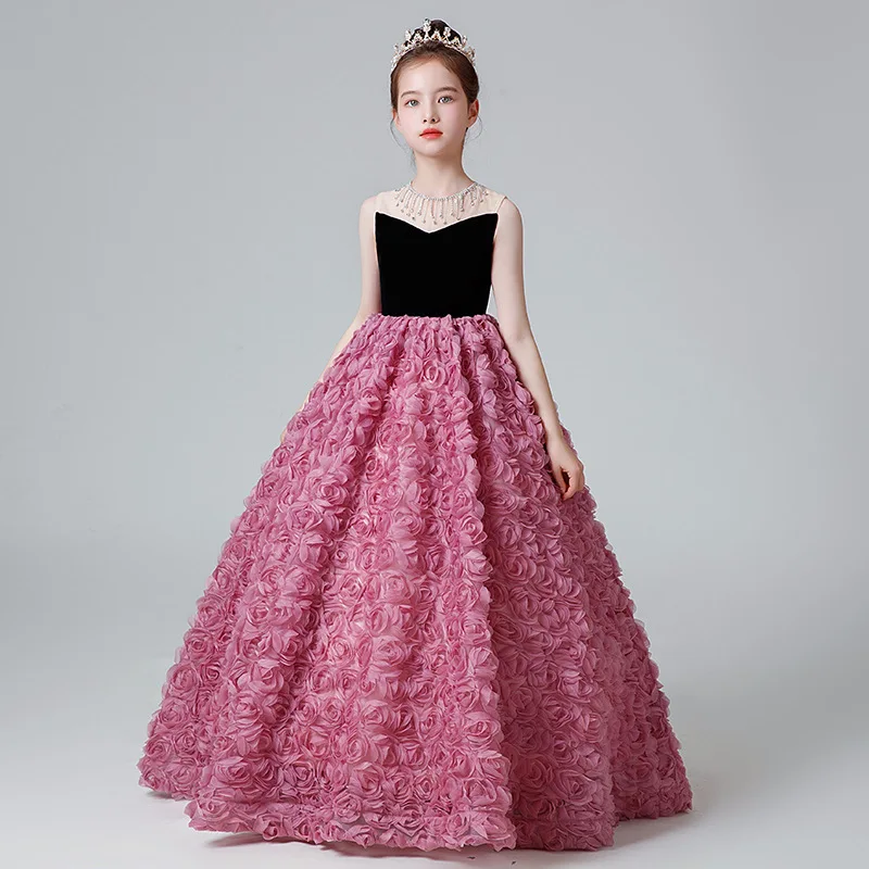 luxury Girls Princess Rose Pearl Children Beading tutu Wedding Gown Sleeveless Kids Dresses baby infant Birthday Party Dress