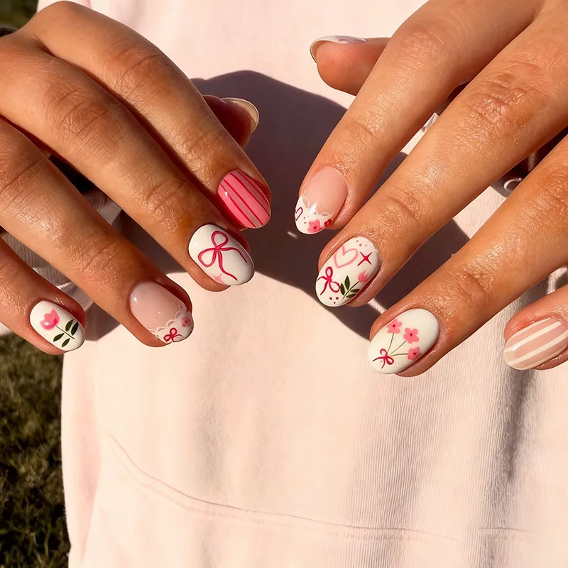 24pcs Cute Sweet Oval Stick on Nail Red Short Almond Fake Nails Tips with Love Bow Design False Nail Polka Dot Press on Nails