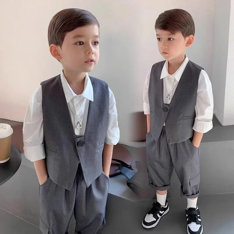 Korea Japan Boys Summer 3PieceS/Set Vest Shorts Bowtie Cool Photography Suit Children Ceremony Costume Kids Birthday Party Dress