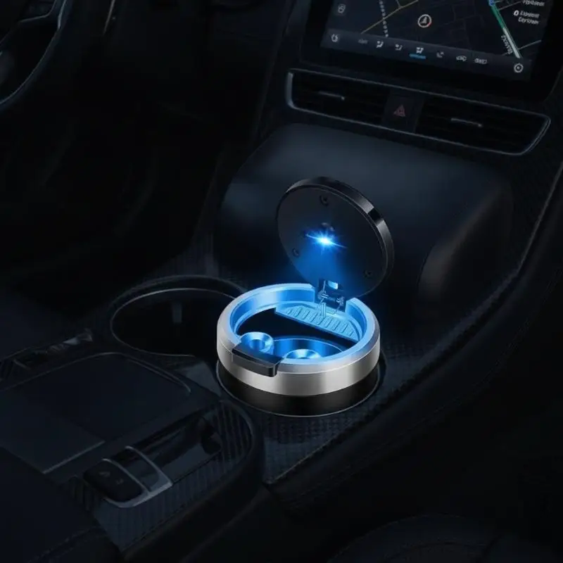 【CR】Car Ashtray Smokeless Flame Retardant Alloy Liner with LED Indicator One Touch Lid for Car Home Office