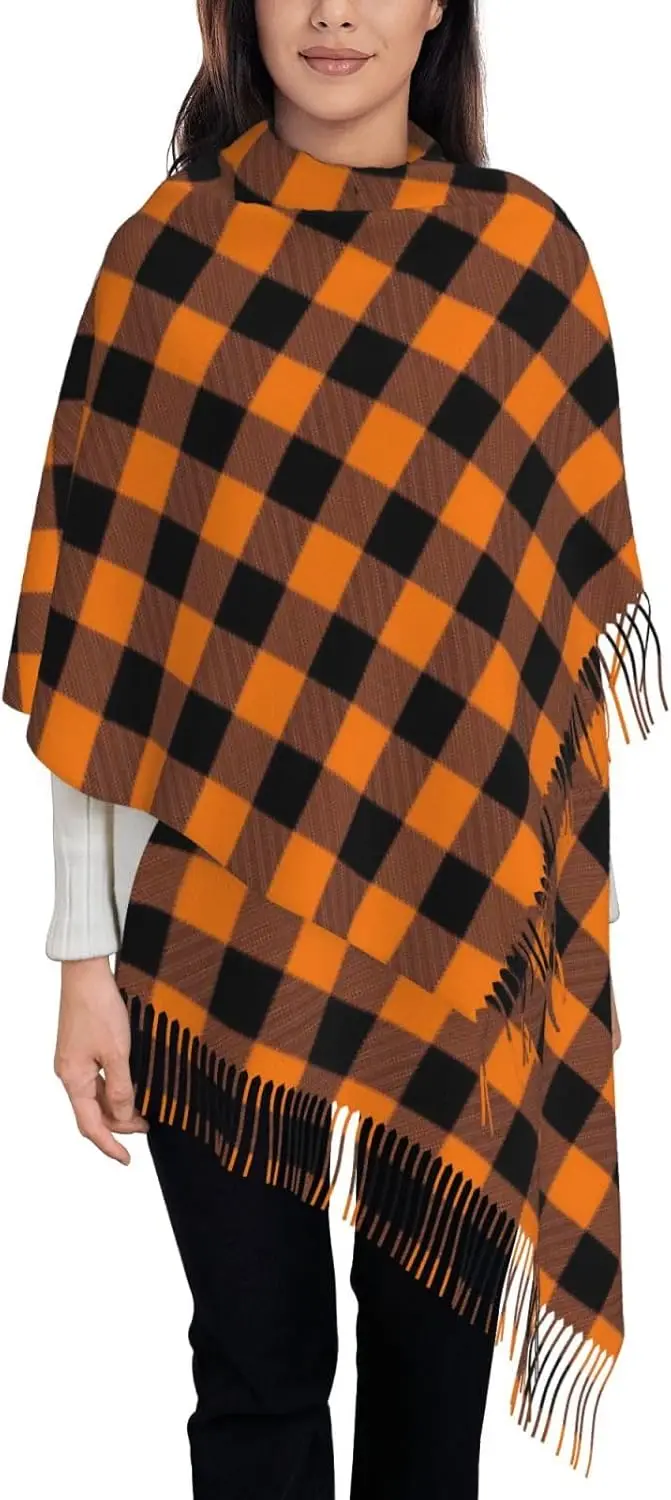 Orange and Balck Plaid Halloween Scarf Tassel Scarves Fall Winter Shawl Wraps Bandana for Women Men Kid