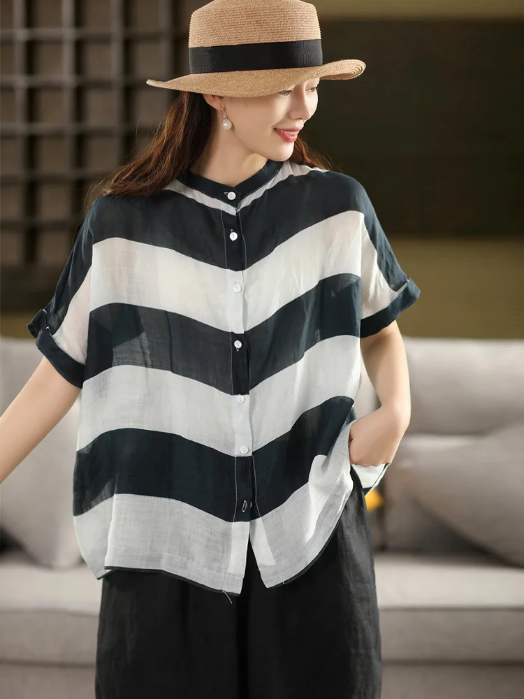 

Ретро-рубашка в полоску из 100% льна, тонкая, с коротким рукавом, воротником-стойкой, двусторонняя, для летних утренних поездок на работу, свободного кроя, женская