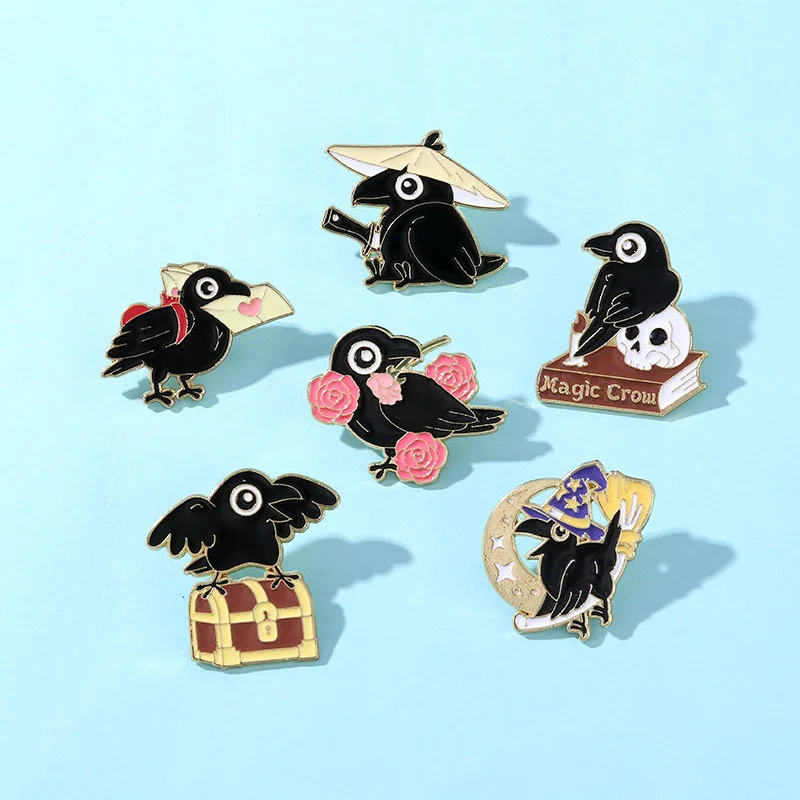 Cartoon Magic Raven Metal Brooch Pink Rose Envelope Cutter Witch Hat Broom Treasure Chest Books Raven Badge Gothic Pins Jewelry