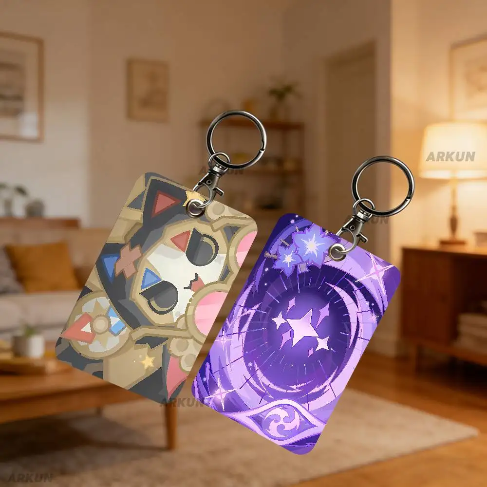 Hot G-GenshinS Cool I-ImpactS Rectangle ID Card Case Keychain Access Card Bag Key Tag Ring Leather Card Holder Key Ring Access