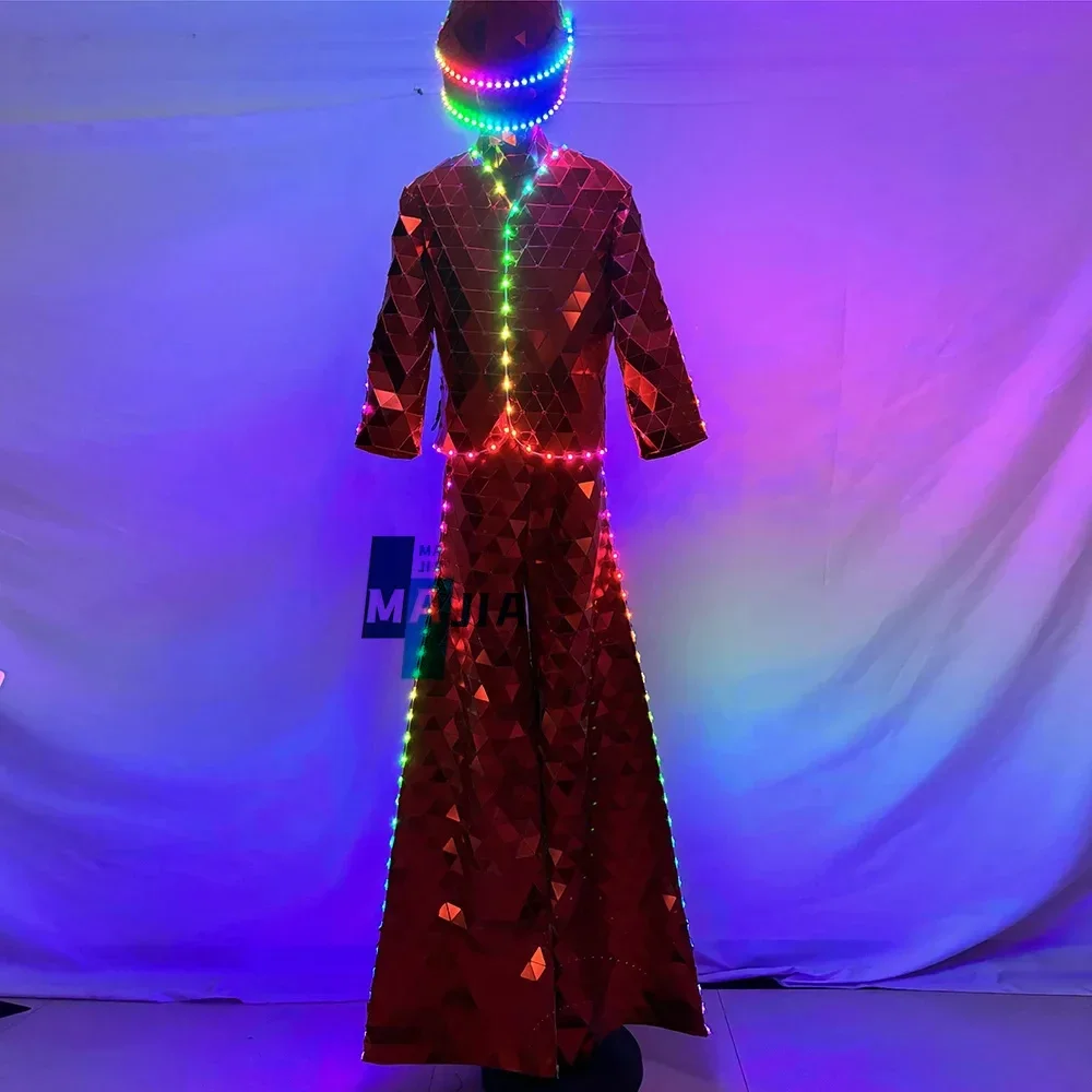 Costume da specchio rosso Trampoli Walker Costume da robot a LED per DJ Party Performance Show Dance Party Halloween Pasqua
