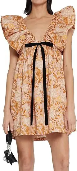 Boho Floral Print Bow Women Dress 2025 Summer Sexy V Neck Puffed Sleeves A Line Mini Dresses Beach Vacation Sundress Vestidos