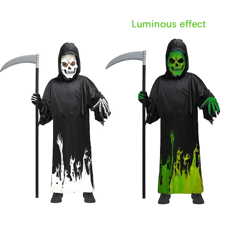 Kinder Horror Tod Leuchtender Overall Sichel Schwarze Robe Sensenmann Cosplay Kostüm Requisiten Halloween Kostüm