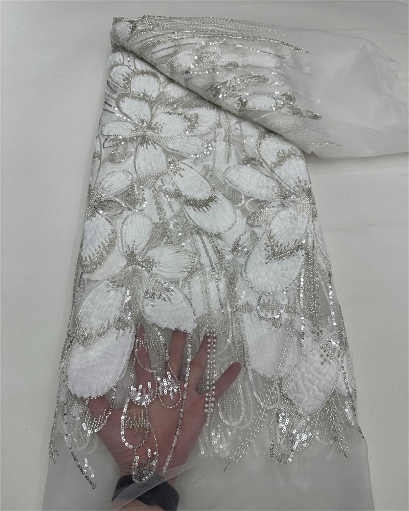 

Luxury Beaded Lace Fabric for Bridal Wedding Dress High Quality 5 Yards French Net Sequined African Sequined