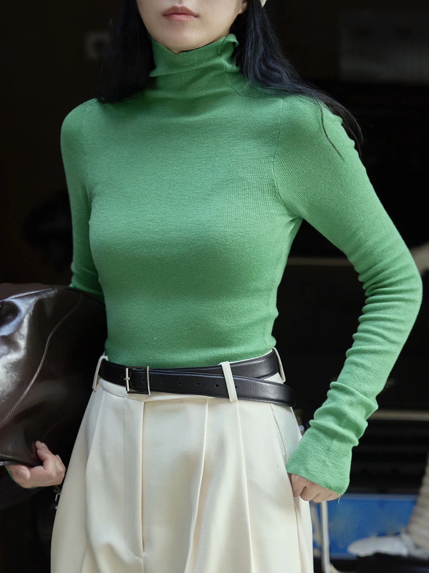 Wool Blended Fine Knit High Neck Sweater Slim Light Weight Turtleneck Tops Green