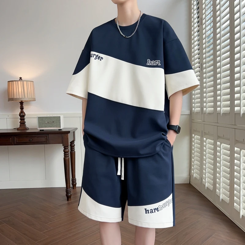 2024 Summer Patchwork Tracksuit Men Shorts Sets Short Sleeve T-Shirt + Shorts 2 Piece Sets Sportswear Brand Y2k Streetwear Suit