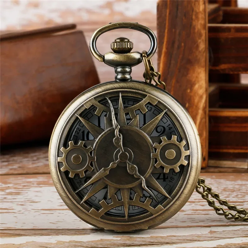 Old Fashion Hollow Wheel Gear Cover Men Women Quartz Analog Pocket Watch Half Hunter Clock with Sweater Chain Collectable Gift