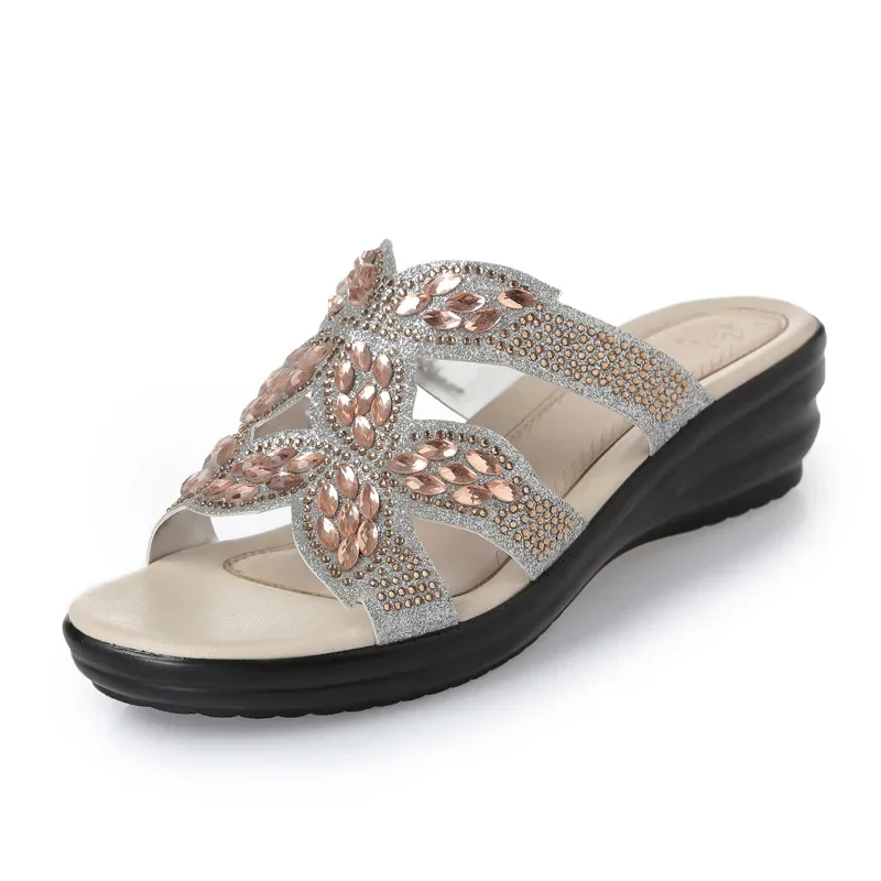 BEYARNENew Stylish Comfortable Cow Leather Shoes Casual Sandals Fashion Rhinestone Summer Shoes Sandals Women Slippers Plus Size