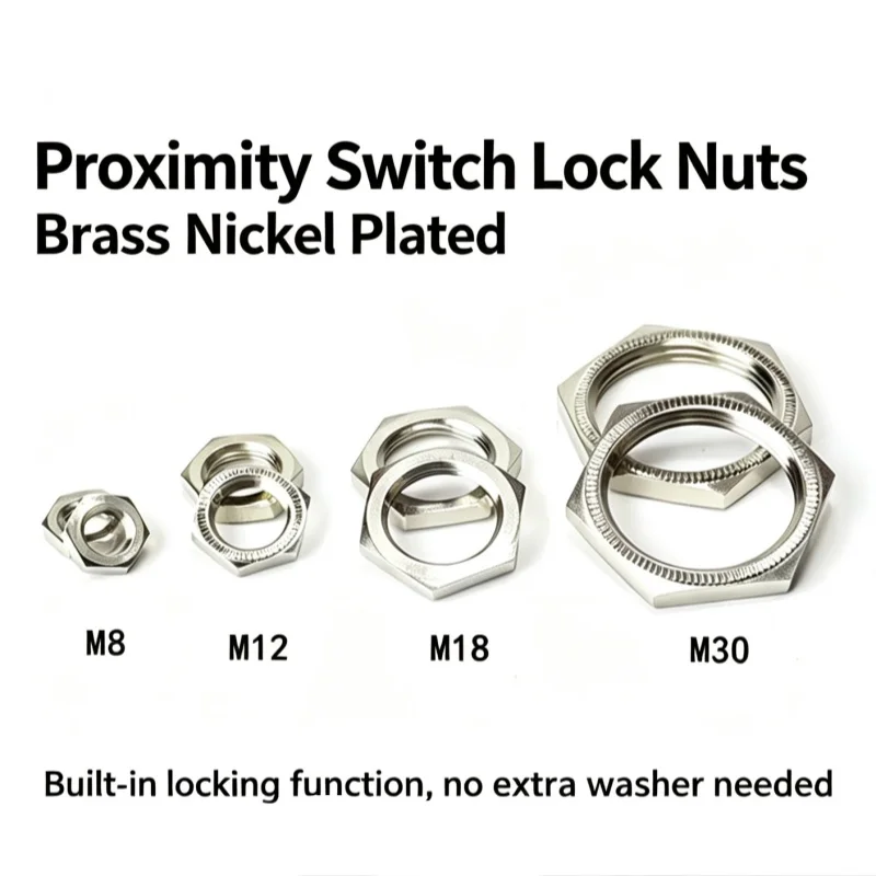 10PCS 2 Pack Brass Nickel Plated Lock Nuts M8 M12 M18 M30x1.5 for Proximity Sensor Mounting