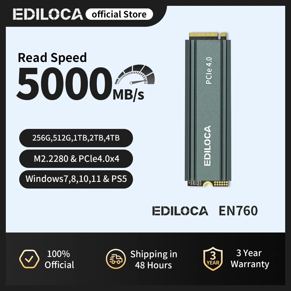 

Ediloca EN760 M2 NVME SSD with Heatsink PCIe Gen4.0x4 M.2 2280 3D NAND TLC 4800MB/s Internal Solid State Drive for PS5/PC