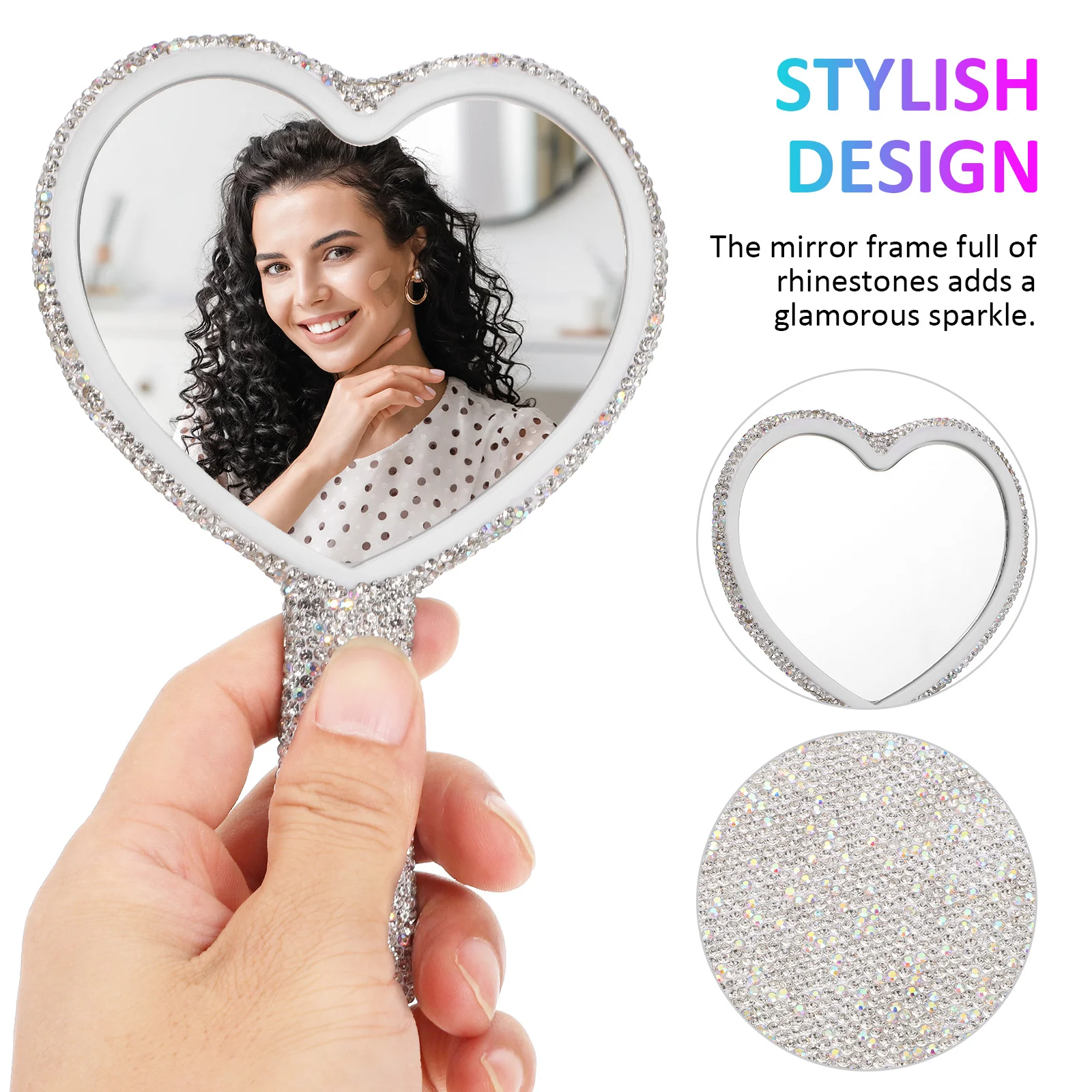 Heart Shaped Mirror Rhinestone Encrusted Frame Stylish Portable Makeup Mirror Clear Reflection Durable Build for Women Grooming