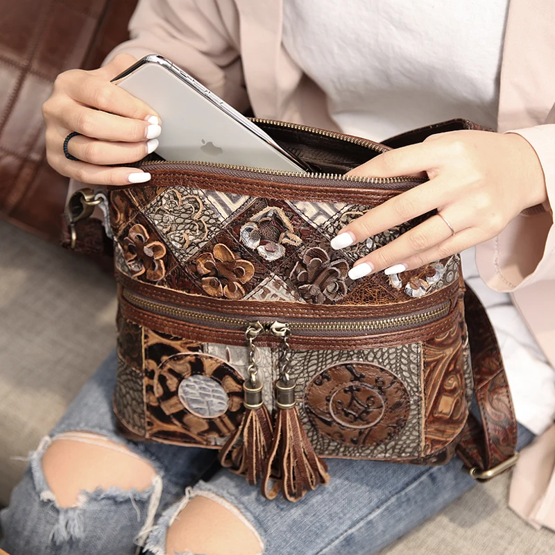 Bolso de cuero para mujer, bandolera bohemia de marca de diseñador, de cuero genuino, Retro, de lujo, con borlas, estilo étnico