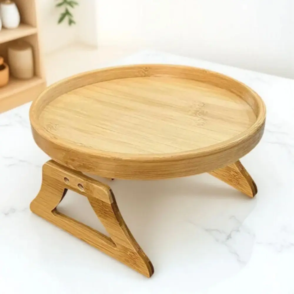 Specific Storage Natural Wooden Sofa Tray Foldable Circular Armrest Tray Portable Bamboo-Wood Color Snack Tray Home Use