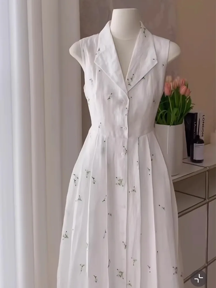 White Floral Vest Dr Women's Summer 2025 New Beach Vaion High Waist A-Line Midi Skirt French Sle No Sve Zipper Ba