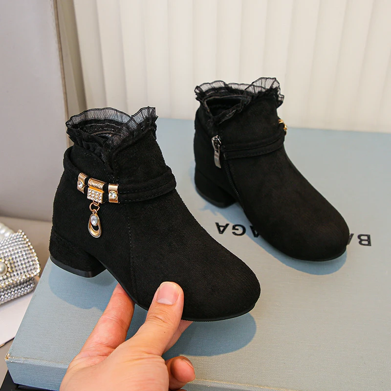 Girls Black Ankle Boots with Rhinestone Buckle & Lace Trim 2025 New Autumn Winter Non-slip Elegant Princess Kids Short Boots