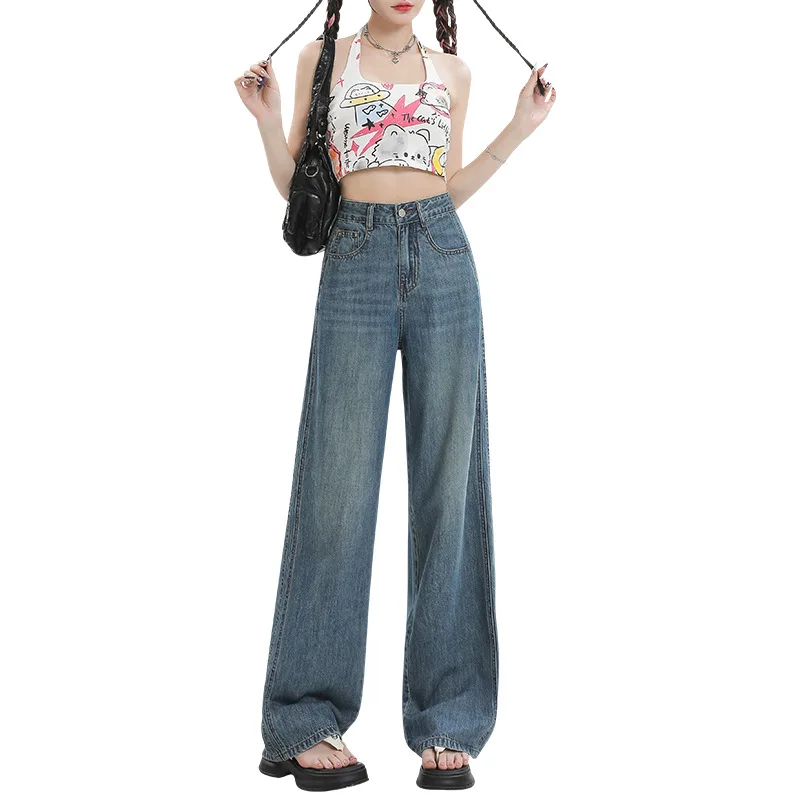

Spring Summer Thin High-waisted Wide-leg Jeans, Women's Retro Nostalgic Ice Silk Loose and Wrinkle-resistant Floor-length Jeans
