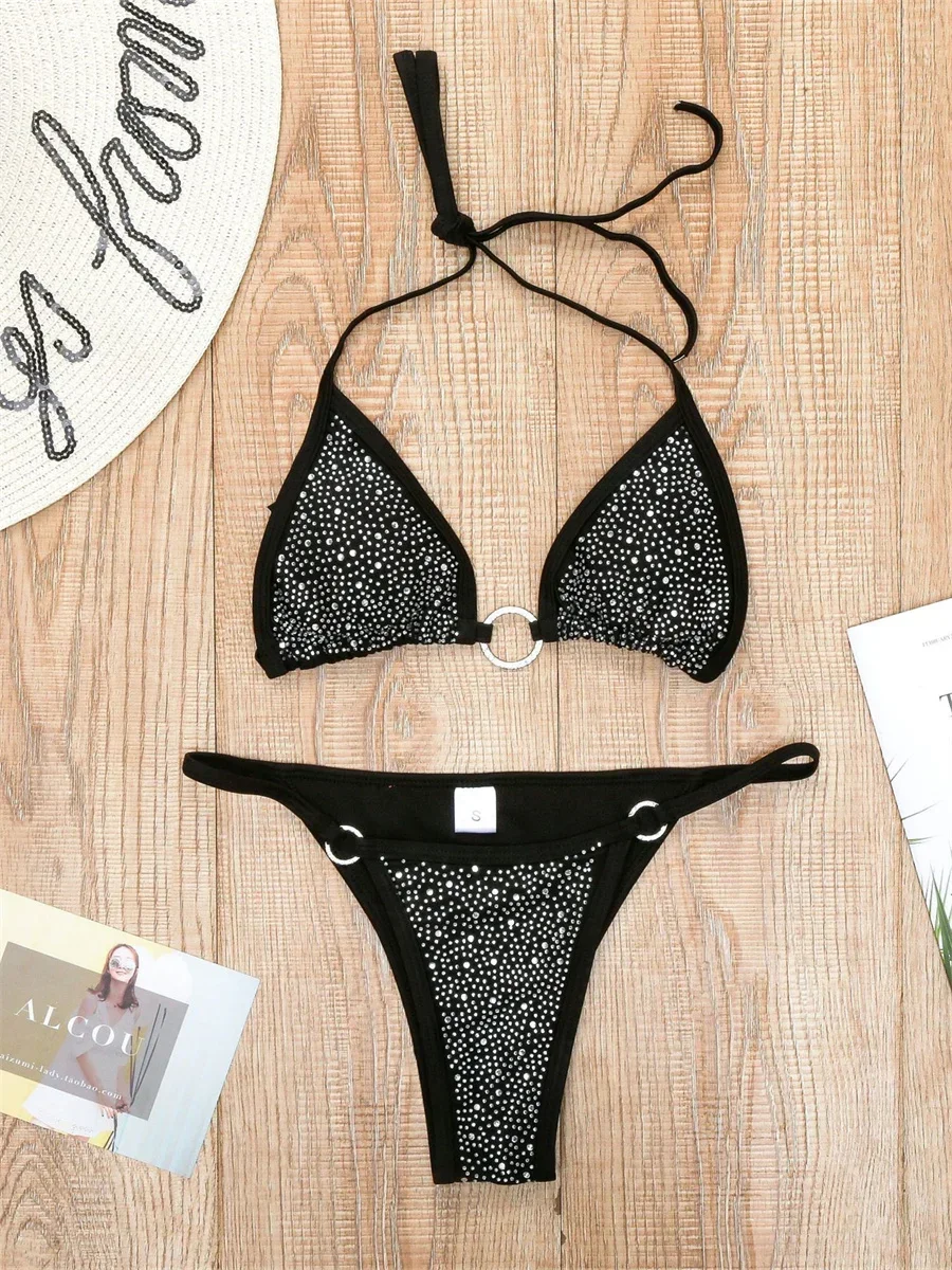 Sexy Sequin Rhinestone Bikini Women Black Diamond Micro Swimwear Braizilian Ring Linked Push Up Bathing Suit Thong Swimsuit 2025