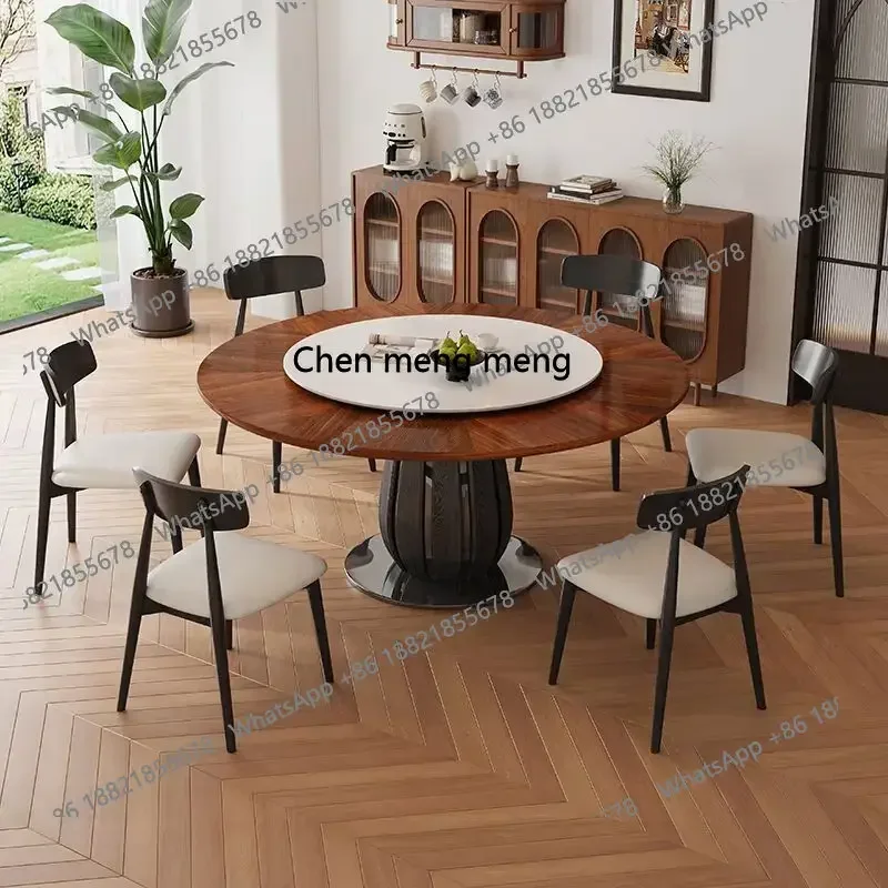 중세 스타일, 원목 식탁과 의자 원형 테이블 고급 가정용 소형 아파트, 회전판이 있는 복고풍 H