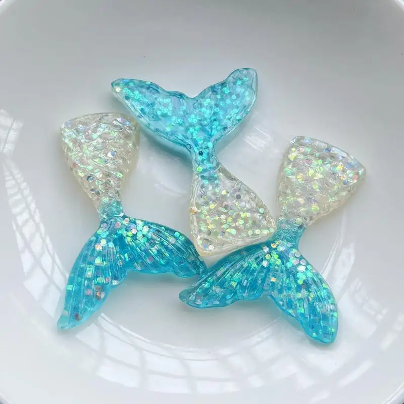 8 pieces of 30mmX40mm water blue Sequin Mermaid tail resin flat back DIY clip thin resin crafts