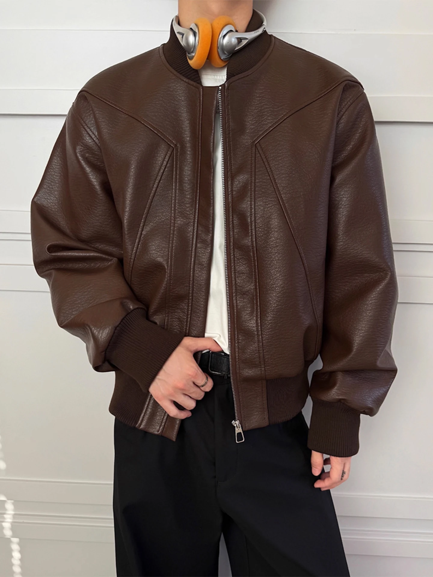 

Retro American Spliced Motorcycle Leather Jaet Men's Winter Sli ort Coat Advanced ape Versatile Jaet for Teens