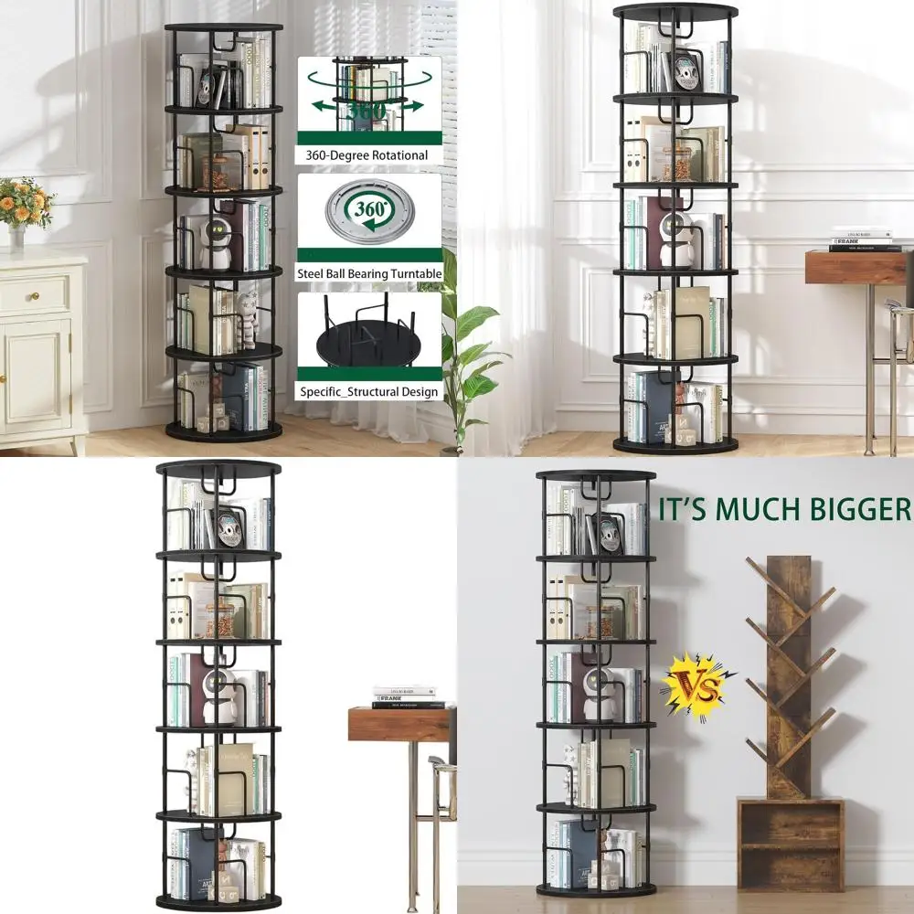 

360 ° Вращающаяся башня для книжной полки — компактный поворотный органайзер для хранения книг черного цвета