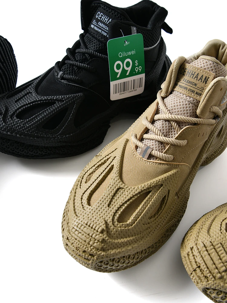 Men's Sporty Low-Top Anti-Slip Dad Shoes Fashionable Casual Shoes Breathable Mesh Inner Deep Mouth Wave Pattern Rubber Sole